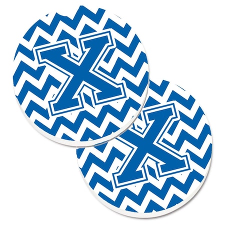 Letter X Chevron Blue And White Set Of 2 Cup Holder Car Coaster